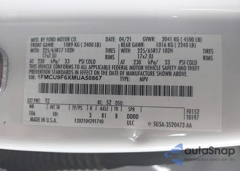 2021 Ford Escape S из США, поврежденный, VIN 1FMCU9F6XMUA50867